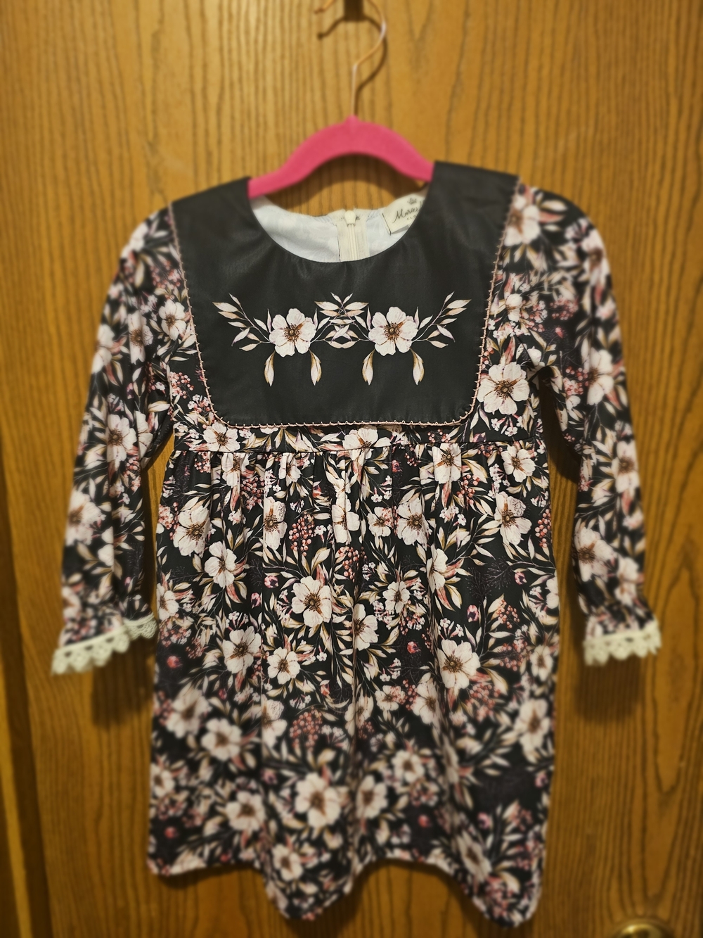 Girls' Navy Floral Long-Sleeve Dress with Embroidered Yoke